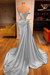 Off-the-Shoulder Satin Mermaid Prom Dress High Split with Long Beadings