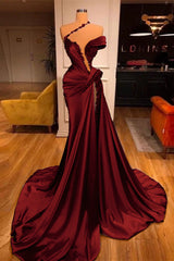 Off-the-Shoulder Satin Mermaid Prom Dress High Split with Long Beadings
