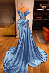 Off-the-Shoulder Satin Mermaid Prom Dress High Split with Long Beadings