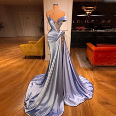 Off-the-Shoulder Satin Mermaid Prom Dress High Split with Long Beadings