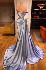 Off-the-Shoulder Satin Mermaid Prom Dress High Split with Long Beadings