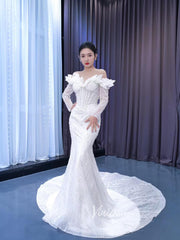 Off the Shoulder Mermaid Wedding Dresses with Long Sleeves 222207