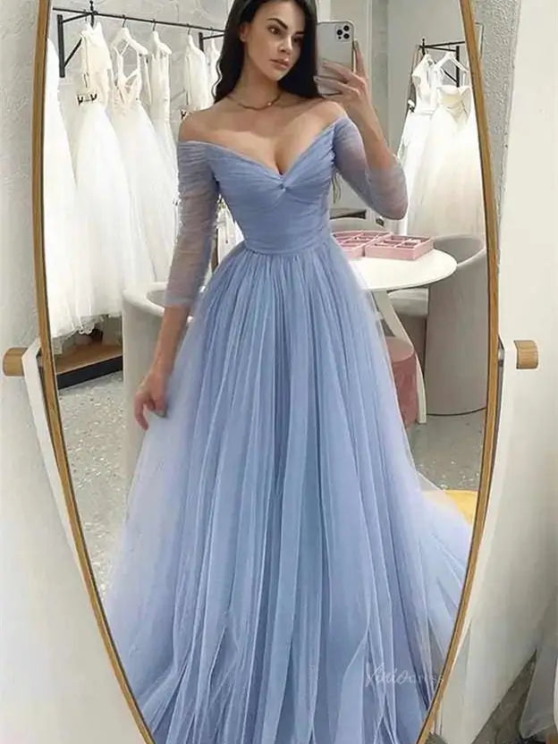 Off the Shoulder Pleated Tulle Prom Dresses with V-Neck & Long Sleeve - FD5101