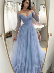 Off the Shoulder Pleated Tulle Prom Dresses with V-Neck & Long Sleeve - FD5101