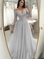 Off the Shoulder Pleated Tulle Prom Dresses with V-Neck & Long Sleeve - FD5101
