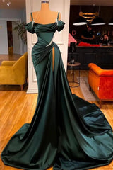 Off-the-Shoulder Prom Dress with Long Slit Dark Green