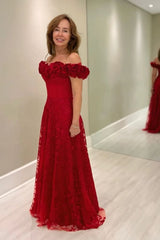 Off-the-Shoulder Red Aline Wedding Guest Dress with Flowers