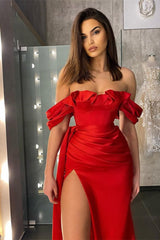 Off-the-Shoulder Red Prom Dress with Long Slit and Ruffles