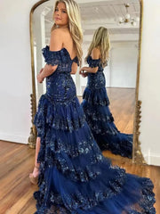 Off the Shoulder Red Sequin Lace Ruffle Prom Dresses with Slit FD3637B