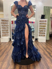 Off the Shoulder Red Sequin Lace Ruffle Prom Dresses with Slit FD3637B