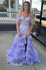 Off the Shoulder Red Sequin Lace Ruffle Prom Dresses with Slit FD3637B