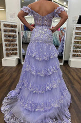 Off the Shoulder Red Sequin Lace Ruffle Prom Dresses with Slit FD3637B