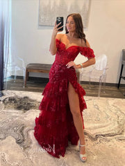 Off the Shoulder Red Sequin Lace Ruffle Prom Dresses with Slit FD3637B