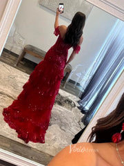 Off the Shoulder Red Sequin Lace Ruffle Prom Dresses with Slit FD3637B