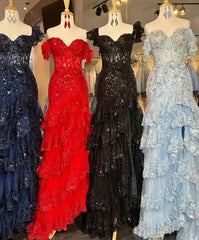 Off the Shoulder Red Sequin Lace Ruffle Prom Dresses with Slit FD3637B