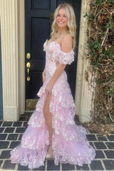 Off the Shoulder Red Sequin Lace Ruffle Prom Dresses with Slit FD3637B