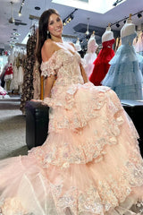 Off the Shoulder Red Sequin Lace Ruffle Prom Dresses with Slit FD3637B