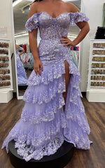 Off the Shoulder Red Sequin Lace Ruffle Prom Dresses with Slit FD3637B