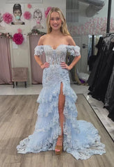 Off the Shoulder Red Sequin Lace Ruffle Prom Dresses with Slit FD3637B