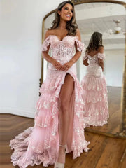 Off the Shoulder Red Sequin Lace Ruffle Prom Dresses with Slit FD3637B
