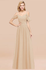 Off-the-shoulder Ruffle Chiffon Burgundy Bridesmaid Dress with Straps