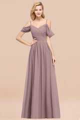 Off-the-shoulder Ruffle Chiffon Burgundy Bridesmaid Dress with Straps