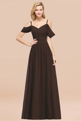 Off-the-shoulder Ruffle Chiffon Burgundy Bridesmaid Dress with Straps