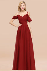Off-the-shoulder Ruffle Chiffon Burgundy Bridesmaid Dress with Straps