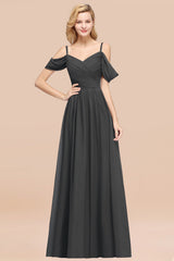 Off-the-shoulder Ruffle Chiffon Burgundy Bridesmaid Dress with Straps