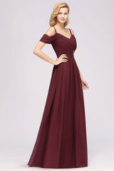 Off-the-shoulder Ruffle Chiffon Burgundy Bridesmaid Dress with Straps