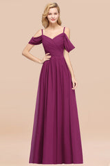 Off-the-shoulder Ruffle Chiffon Burgundy Bridesmaid Dress with Straps