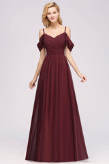 Off-the-shoulder Ruffle Chiffon Burgundy Bridesmaid Dress with Straps
