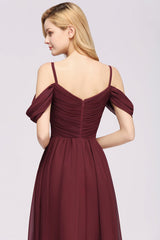 Off-the-shoulder Ruffle Chiffon Burgundy Bridesmaid Dress with Straps