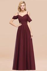 Off-the-shoulder Ruffle Chiffon Burgundy Bridesmaid Dress with Straps