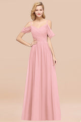 Off-the-shoulder Ruffle Chiffon Burgundy Bridesmaid Dress with Straps