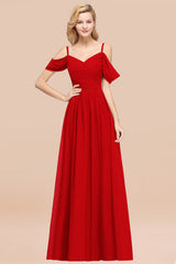 Off-the-shoulder Ruffle Chiffon Burgundy Bridesmaid Dress with Straps
