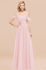 Off-the-shoulder Ruffle Chiffon Burgundy Bridesmaid Dress with Straps