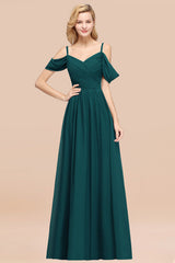 Off-the-shoulder Ruffle Chiffon Burgundy Bridesmaid Dress with Straps