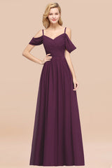 Off-the-shoulder Ruffle Chiffon Burgundy Bridesmaid Dress with Straps