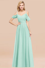 Off-the-shoulder Ruffle Chiffon Burgundy Bridesmaid Dress with Straps