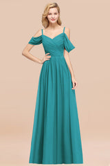 Off-the-shoulder Ruffle Chiffon Burgundy Bridesmaid Dress with Straps