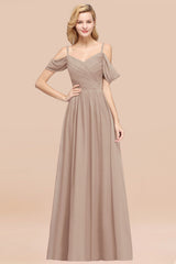 Off-the-shoulder Ruffle Chiffon Burgundy Bridesmaid Dress with Straps