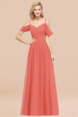 Off-the-shoulder Ruffle Chiffon Burgundy Bridesmaid Dress with Straps