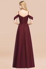 Off-the-shoulder Ruffle Chiffon Burgundy Bridesmaid Dress with Straps