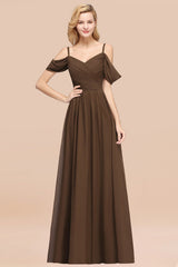 Off-the-shoulder Ruffle Chiffon Burgundy Bridesmaid Dress with Straps