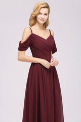 Off-the-shoulder Ruffle Chiffon Burgundy Bridesmaid Dress with Straps