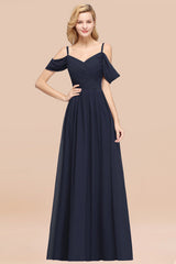 Off-the-shoulder Ruffle Chiffon Burgundy Bridesmaid Dress with Straps