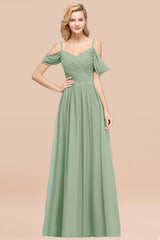 Off-the-shoulder Ruffle Chiffon Burgundy Bridesmaid Dress with Straps