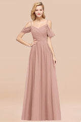 Off-the-shoulder Ruffle Chiffon Burgundy Bridesmaid Dress with Straps