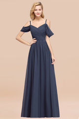 Off-the-shoulder Ruffle Chiffon Burgundy Bridesmaid Dress with Straps